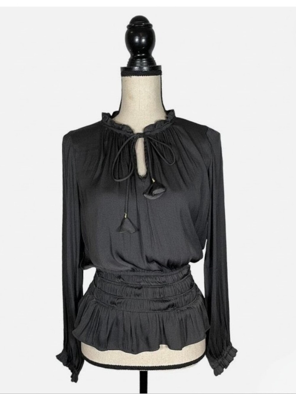 Decker Gray Satin Tie-Neck Ruffled Peplum Blouse